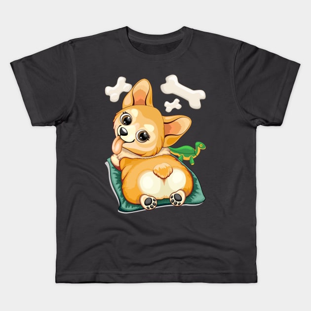 Corgi Pet Dog Playful Cartoon Character Kids T-Shirt by BluedarkArt